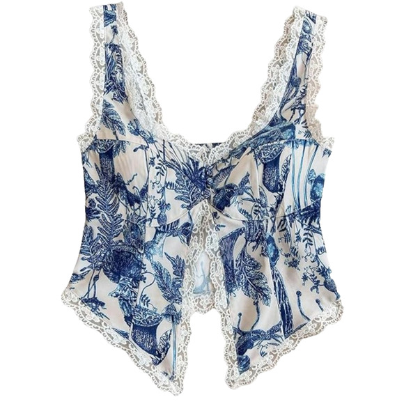 Lace Mushroom Split Crop Top Womens L Garden Cottagecore Blouse Hawaii Festival - Picture 1 of 16